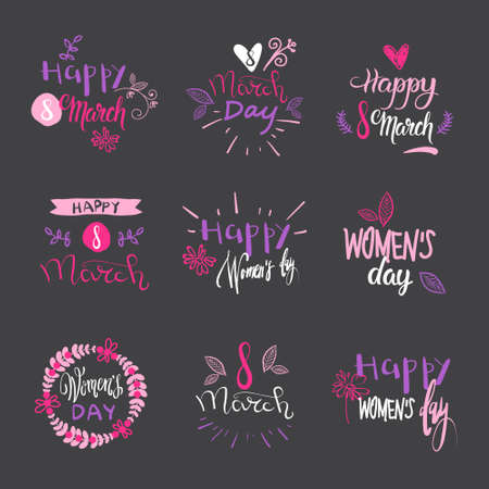 International Women Day Badges on grey background. Set of hand drawn lettering calligraphy For 8 March vector illustration.のイラスト素材