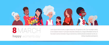 8 March International Women Day Poster With Different Ladies On Template Background With Copy Space Flat Vector Illustrationのイラスト素材
