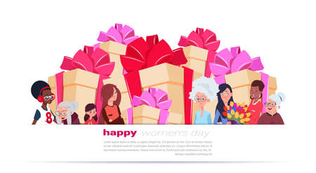 International Women Day Banner With Different Ladies Over Present And Gift Boxes Stack On Template Background Flat Vector Illustrationのイラスト素材