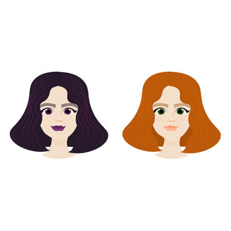 Female Face With Different Hairstyles Isolated On White Background, Girl Portraits Flat Vector Illustrationのイラスト素材