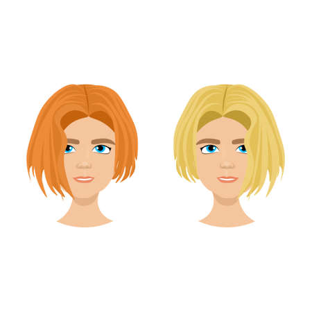 Set of Female Face With Different Hairstyles Isolated On White Background, Women Portraits Flat Vector Illustrationのイラスト素材