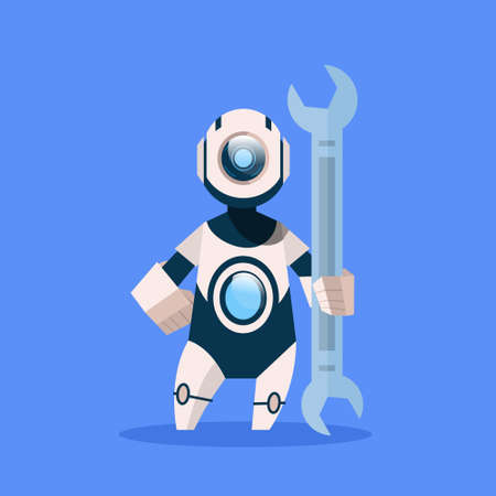 Robot Holding Wrench Cyborg Isolated On Blue Background Concept Modern Artificial Intelligence Technology Flat Vector Illustrationのイラスト素材