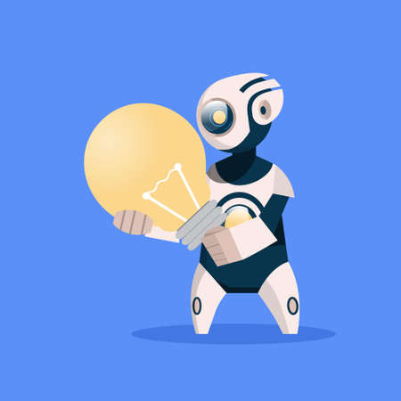 Robot Hold Light Bulb Cyborg Isolated On Blue Background Concept Modern Artificial Intelligence Technology Flat Vector Illustrationのイラスト素材