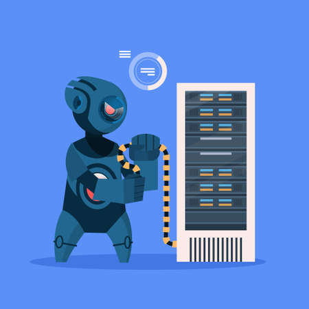 Robot Hacker On Blue Background Concept Modern Artificial Intelligence Technology Flat Vector Illustrationのイラスト素材