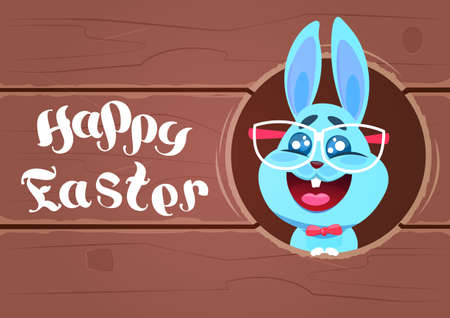 Happy Easter Poster Or Card Design With Funny Rabbit In Glasses Over Wooden Textured Background Vector Illustrationのイラスト素材