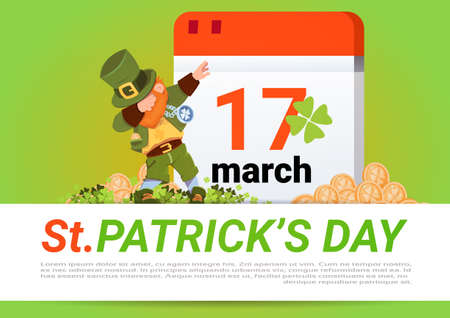 Happy St. Patricks Day Poster Green Leprechaun Over Calendar With 17 March Flat Vector Illustrationのイラスト素材