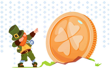 Happy St. Patricks Day Background Green Man Leprechaun Over Golden Coin With Clover Sing Flat Vector Illustrationのイラスト素材