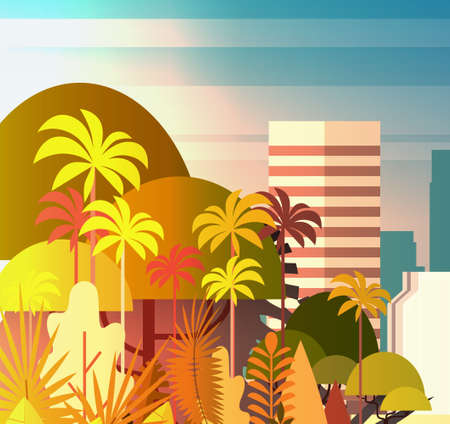 Palm Tree Park Over City Buildings Skyscrapers Background Summer Cityscape On Sunset View Vector Illustrationのイラスト素材