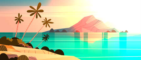 Sunset On Tropical Beach Landscape Summer Seaside With Palm Tree And Silhouette Mountains Flat Vector Illustrationのイラスト素材