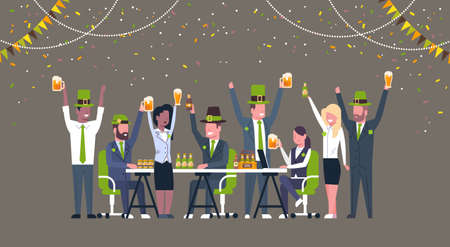 Group Of Office Workers Celebrate Saint Patricks Day Holiday Wearing Green hat And Drinking Beer Together.のイラスト素材