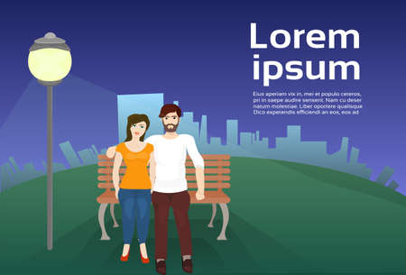Couple Sitting On Bench In Evening In Urban Park Over Over City Buildings Template Background.のイラスト素材