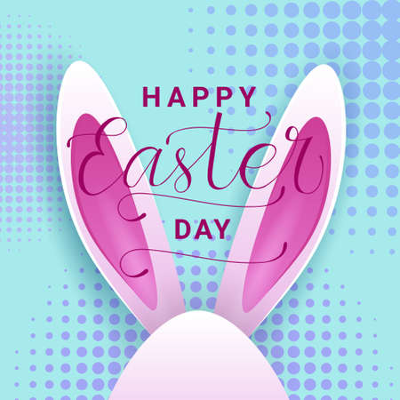 Happy Easter Day Greeting Card With Bautiful Lettering Hand Drawn And Bunny Ears On Colorful Background Vector Illustrationのイラスト素材