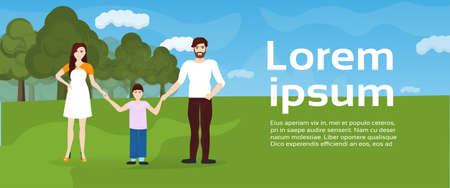 Family Walking In Urban Park Parents With Son Over Green Lawn And Trees On Template Background Horizontal Banner Flat Vector Illustration.のイラスト素材