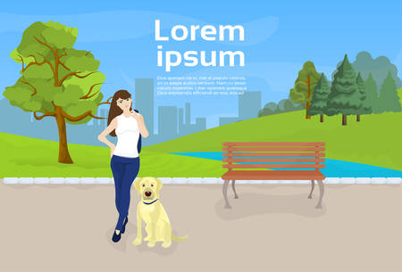 Girl Walking With Dog In Urban Park vector illustrationのイラスト素材