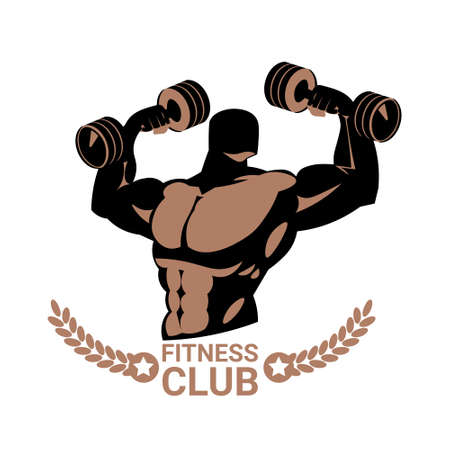 Strong man holding barbells on modern fitness gym banner sport center icon silhouette isolated vector illustration.のイラスト素材