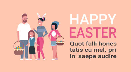 Big Family On Happy Easter Poster With Copy Space Parents And Children Celebrating Spring Holiday Wear Bunny Ears Flat Vector Illustrationのイラスト素材