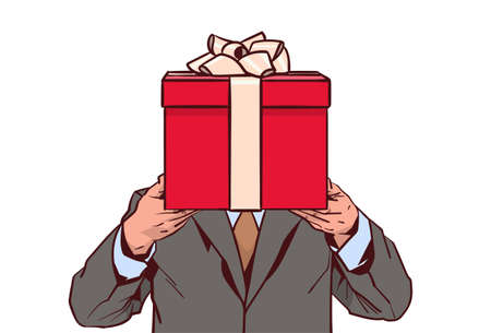Business Man Holding Red Gift Box Isolated On White Background Vector Illustrationのイラスト素材