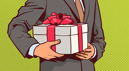 Hands Of Business Man Hold Gift, Sketch Present Box With Red Ribbon Bow On Comic Background Vector Illustrationのイラスト素材