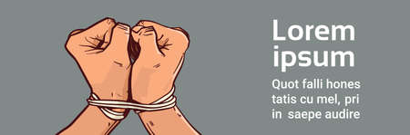 Hands Tied With Rope Isolated Colorful Sketch Over Horizontal Banner With Copy Space Vector Illustrationのイラスト素材