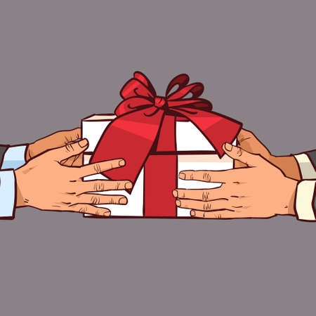 Hands Giving Gift To Another Greeting With Holiday, Sketch Present Box With Red Ribbon Bow Vector Illustrationのイラスト素材