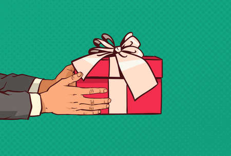 Hands Holding Red Gift Box With Bow Present For With Holiday Event Over Comic Pop Art Background Vector Illustrationのイラスト素材