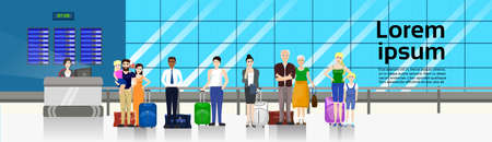 People with Baggage Standing In Line To Counter In Airport For Check In Horizontal Banner Flat Vector Illustrationのイラスト素材