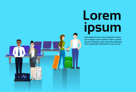 People Trevelers With Luggage Waiting For Departure In Airport Template Background With Copy Space Flat Vector Illustrationのイラスト素材
