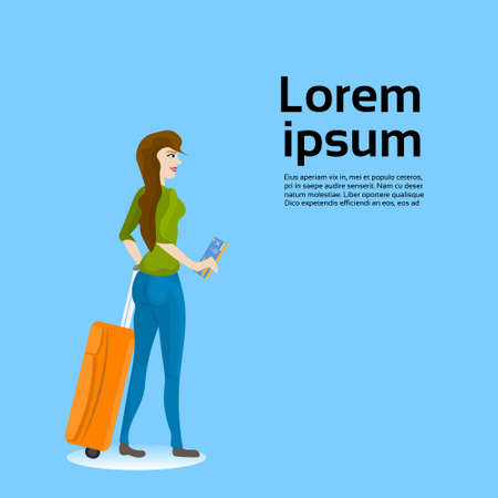 Girl Traveler Holding Suitcase And Ticket Over Background With Copy Space Flat Vector Illustrationのイラスト素材