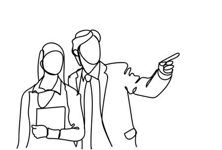 Silhouette Of Business Man And Woman Speaking, Doodle Businessman Point Finger Meeting Discussion Vector Illustrationのイラスト素材