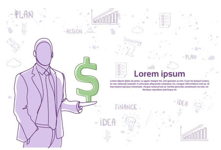 Doodle Business Man Holding Dollar Sign Over Abstract Hand Drawn Background Finance Growth Concept Vector Illustrationのイラスト素材