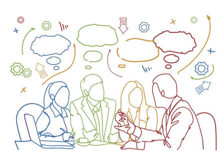 Business People Team Sit At Desk Together Communication Discussion Or Brainstorming Meeting Doodle Background Vector Illustrationのイラスト素材
