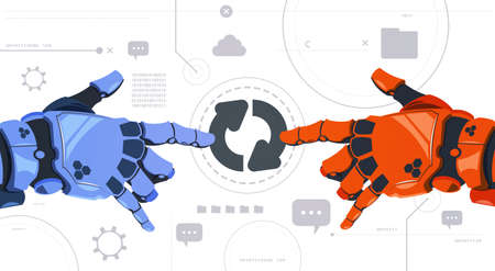 Two Robotic Hands Touch Updating Button On Digital Screen Abstract Modern Technology Background Flat Vector Illustrationのイラスト素材