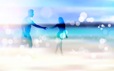 Man And Woman Silhouette On Seaside Hold Hands Walking To Beach Blurred Bokeh Effect Beautiful Glowing Background Vector Illustrationのイラスト素材