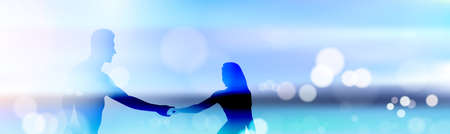 Beautiful Bokeh Beach Background With Couple Silhouette Hold Hands Walking To Sea Blur Effect Horizontal Banner Vector Illustrationのイラスト素材
