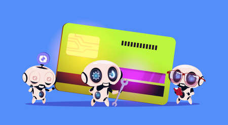 Group Of Robots Standing Over Credit Card Robotic Technology Payment Concept Flat Vector Illustrationのイラスト素材