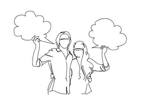 Sketch Couple Holding Chat Bubble Doodle. Man And Woman Over White Background Vector Illustrationのイラスト素材