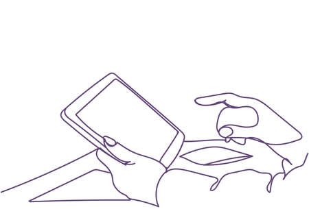 Hands Hold Digital Tablet Computer With Empty Screen Doodleのイラスト素材