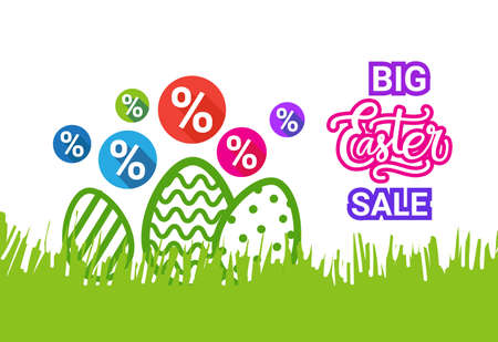 Big Easter Sale Poster Holiday Discounts Banner With Decorative Eggs In Green Grass Vector Illustrationのイラスト素材