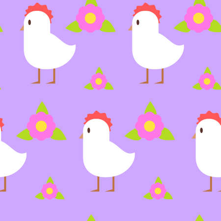 Spring Seamless Pattern Easter Ornament On Purple Background Vector Illustration with chicken and flowerのイラスト素材