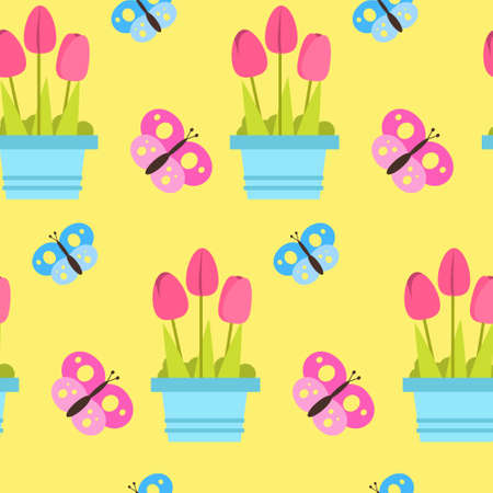 Vintage Pattern Spring Seamless Ornament With Tulips And Butterfly Background Vector Illustrationのイラスト素材
