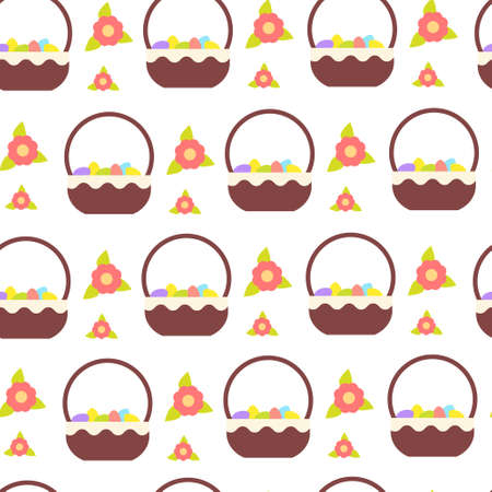 Easter Background Seamless Pattern With Holiday Eggs In Basket Ornament Vector Illustrationのイラスト素材