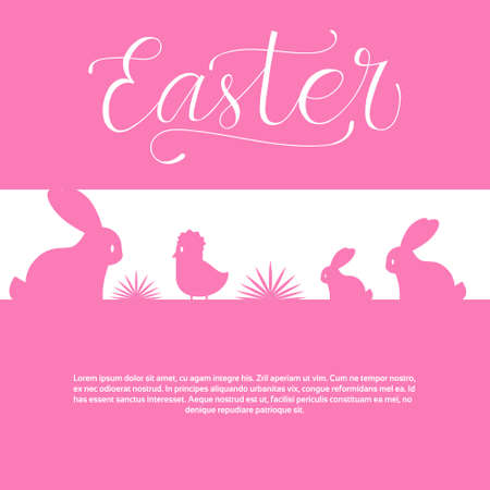 Happy Easter Card With Bunnies And Chicken Hand Drawn Calligraphy Element Background Vector Illustrationのイラスト素材