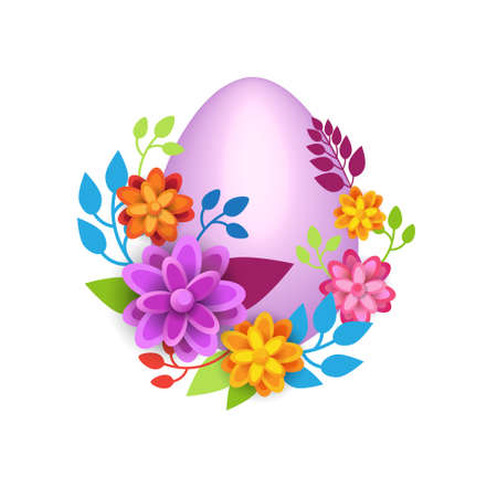 Easter Egg Decorated With Colorful Flowers Isolated On White Background Template Vector Illustrationのイラスト素材
