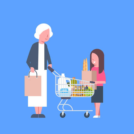 Girl With Grandmother Shopping Holding Paper Bag And Cart Full Of Grocery Products Flat Vector Illustrationのイラスト素材