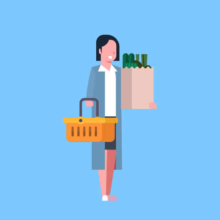 Young Woman Shopping Holding Paper Bag And Basket Full Of Grocery Products Flat Vector Illustrationのイラスト素材