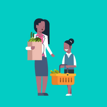 African American Woman With Daughter Holding Paper Bag And Shopping Basket Full Of Grocery Products Flat Illustrationのイラスト素材