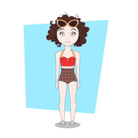 Cute Cartoon Curly Girl In Hipster Clothes swimwear Vector Illustrationのイラスト素材