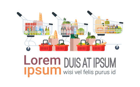 Grocery Products In Paper Bag, Carts And Shopping Basket Isolated On White Backgroundのイラスト素材