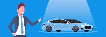 Seller Man Present New Car Dealership Center Showroom Concept Horizontal Banner Flat Vector Illustrationのイラスト素材