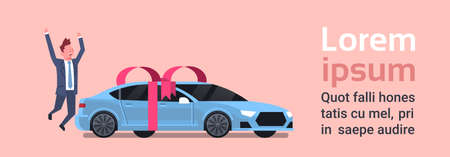Happy Man Buy New Car Over Vechicle With Ribbon And Bow Background Flat Vector Illustrationのイラスト素材